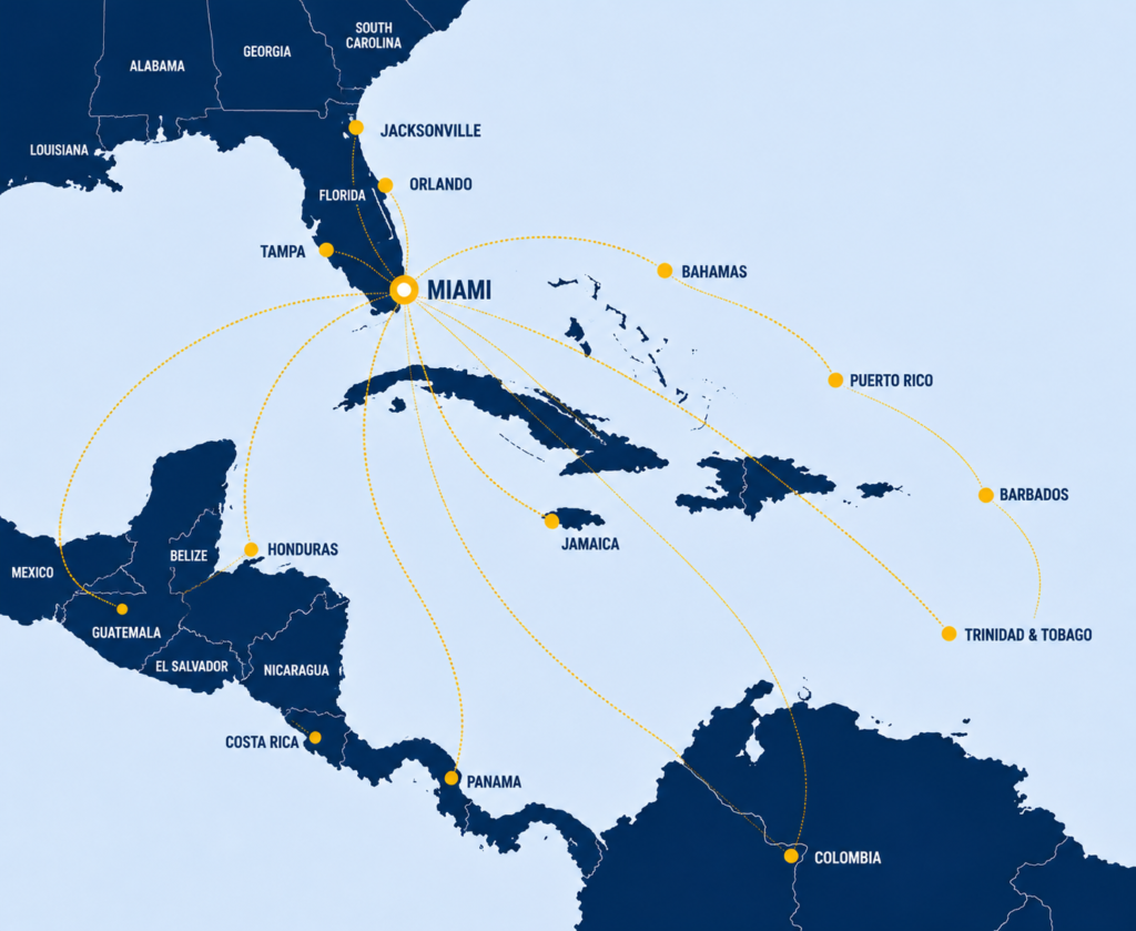 Map showing Costa International’s distribution reach from Miami throughout Florida, the Caribbean, Central America, and Colombia.