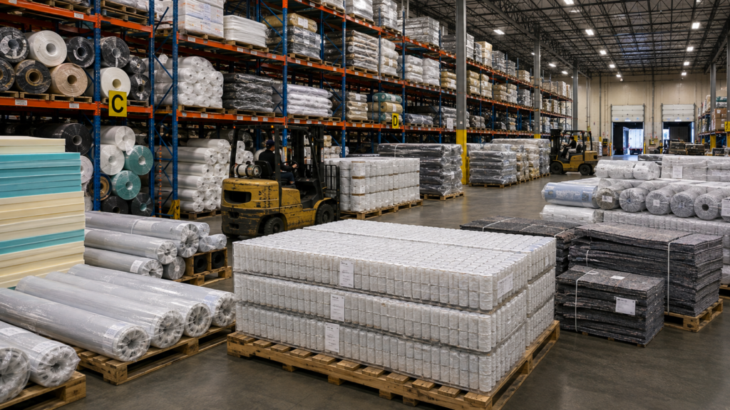 Warehouse inventory of mattress components and materials supplied by Costa International.