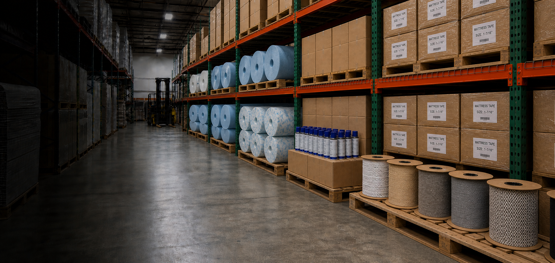 Costa International warehouse inventory with mattress tape, spray adhesive, and foam rolls.