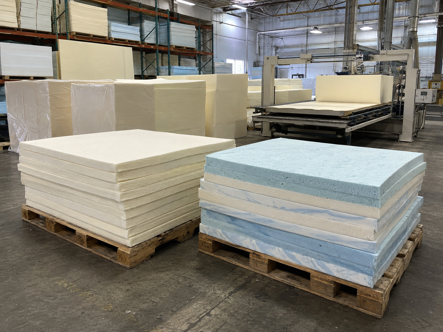 Mattress foam slabs, foam buns, and cutting equipment in a foam fabrication warehouse.