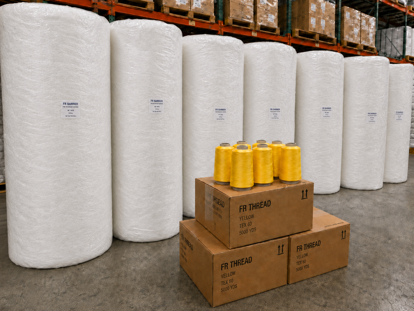 FR barrier rolls and FR thread cartons in warehouse inventory.