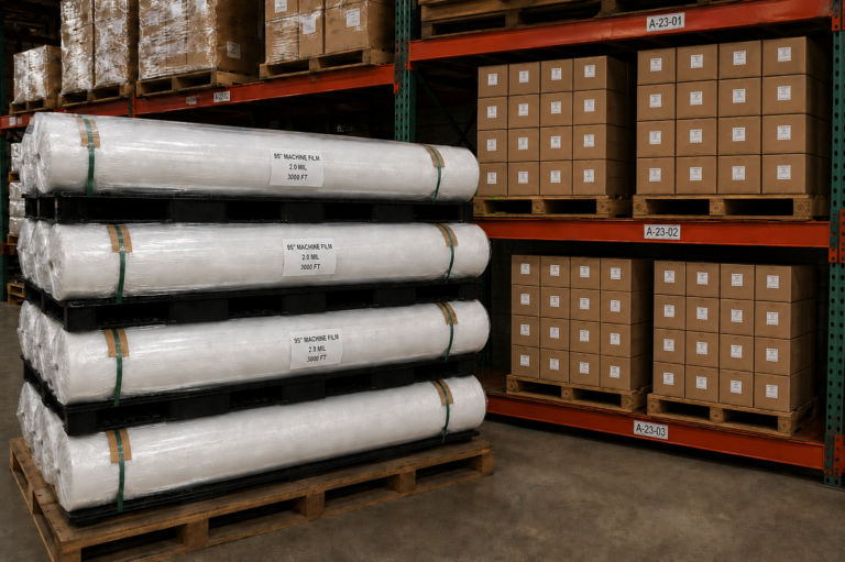 Machine film rolls and palletized mattress bags in warehouse inventory.
