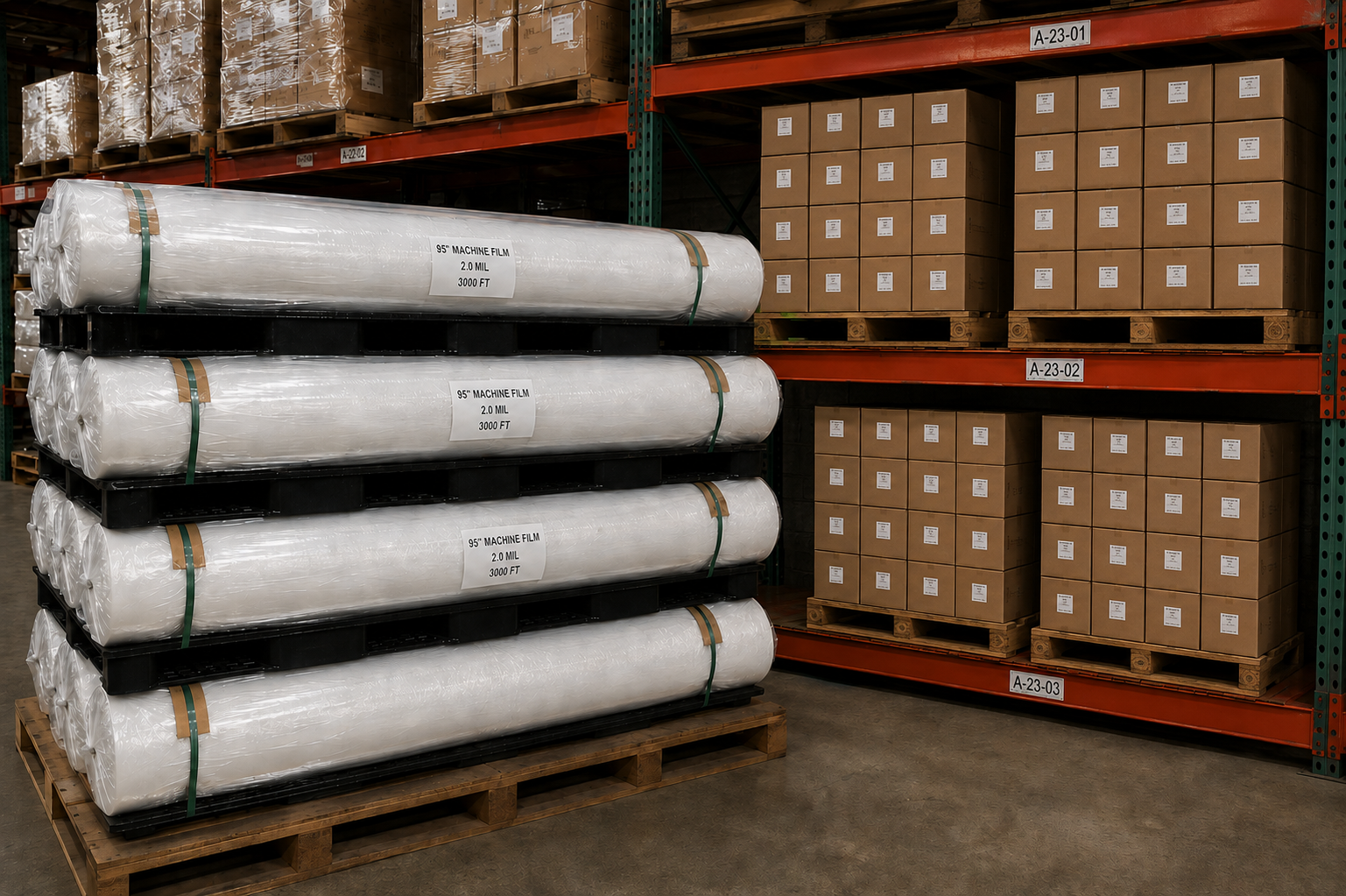 Machine film rolls and palletized mattress bags in warehouse inventory.