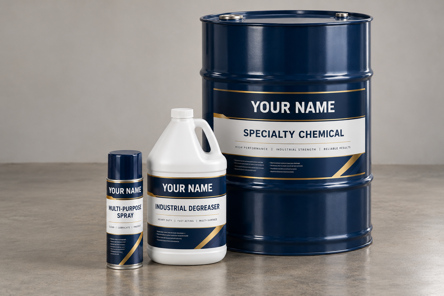 Private-label aerosol can, one-gallon container and 55-gallon drum with generic Your Name branding